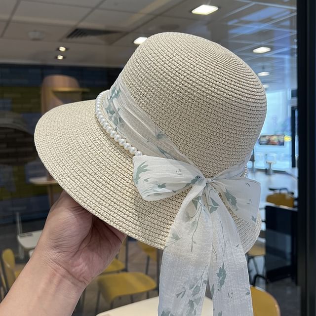 Bow Faux Pearl Straw Bucket Hat