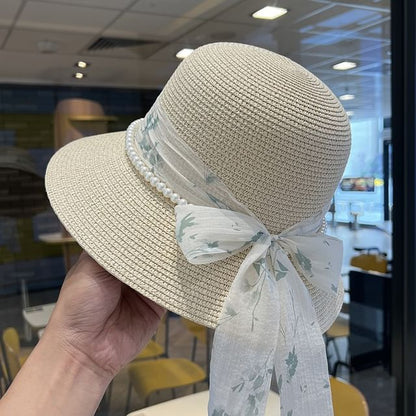 Bow Faux Pearl Straw Bucket Hat