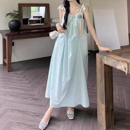 Spaghetti Strap Plain Flower Detail Maxi Sundress