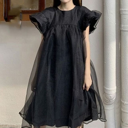 Short-Sleeve Plain Mesh Panel Smock Dress