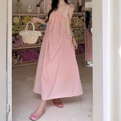 Spaghetti Strap Plain Flower Detail Maxi Sundress