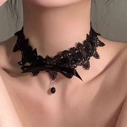 Bead Pendant Bow Lace Choker