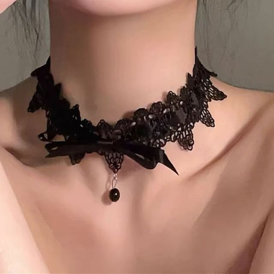 Bead Pendant Bow Lace Choker