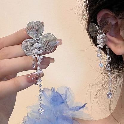 Floral Rhinestone Faux Pearl Fringed Ear Cuff