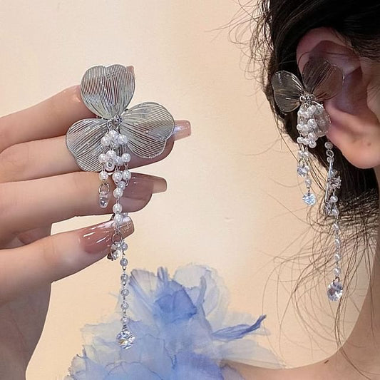 Floral Rhinestone Faux Pearl Fringed Ear Cuff