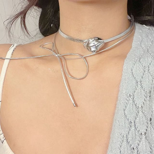 Bow Floral Layered Faux Leather Choker