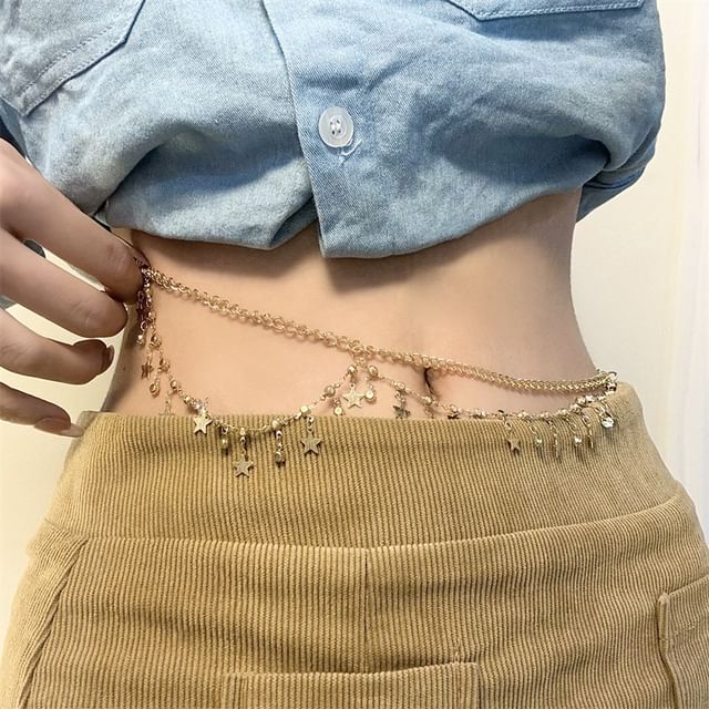 Rhinestone Fringed Layered Waist Chain