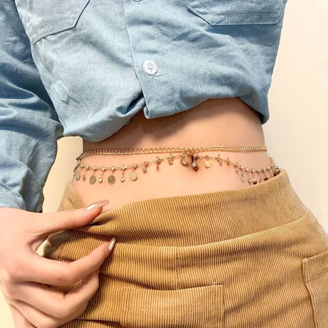 Rhinestone Fringed Layered Waist Chain