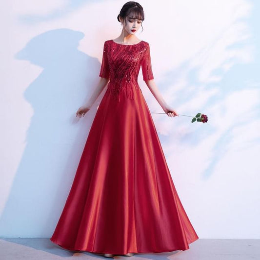 Short-Sleeve Gown A-Line Evening Sequin