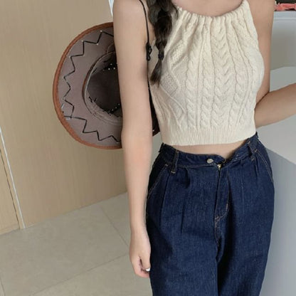 Plain Cable-Knit Cropped Halter Top