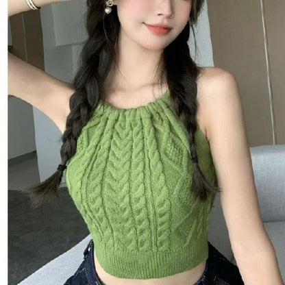 Plain Cable-Knit Cropped Halter Top