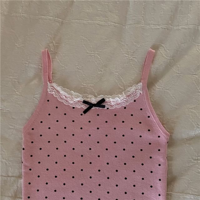 Dotted Lace Trim Bow Camisole Top