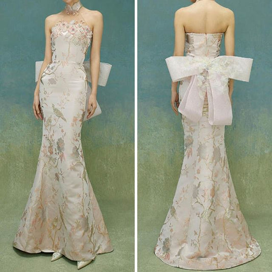 Evening Gown Bow Floral Back Mermaid Halter