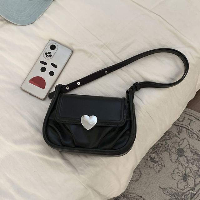 Faux Leather Heart Buckled Flap Crossbody Bag