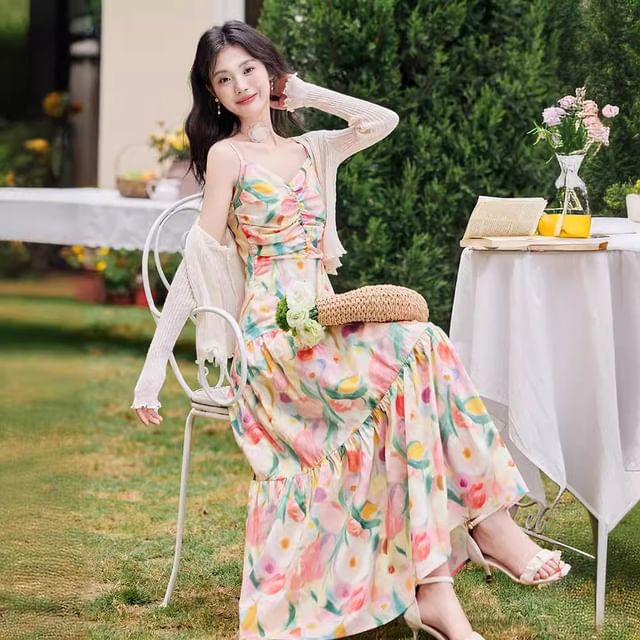 Spaghetti Strap Floral Print Midi A-Line Dress / Plain Cardigan / Set