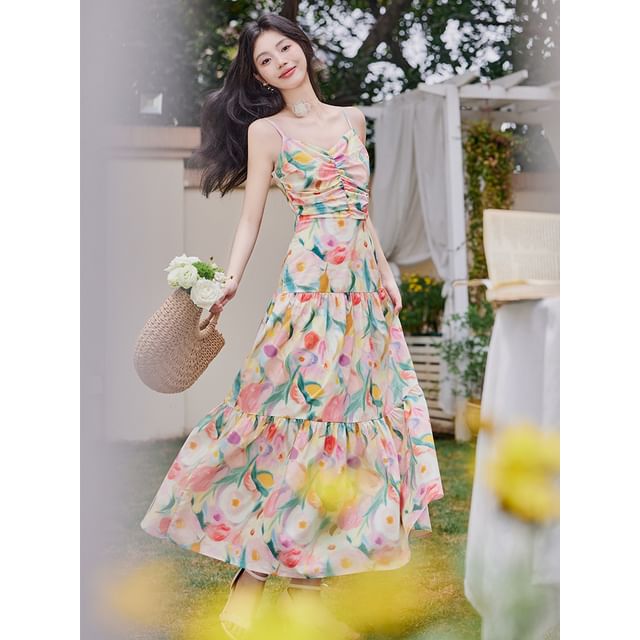 Spaghetti Strap Floral Print Midi A-Line Dress / Plain Cardigan / Set