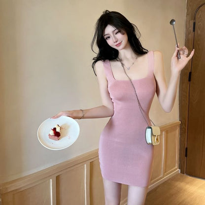 Sheath Knit Sleeveless Mini Dress Plain Neck Square