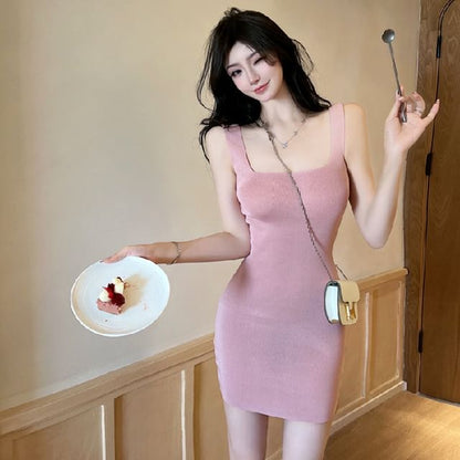 Sheath Knit Sleeveless Mini Dress Plain Neck Square