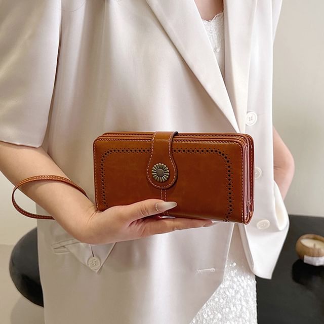Faux Leather Floral Charm Long Wallet