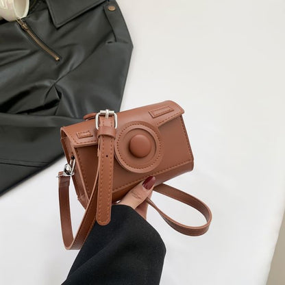 Faux Leather Flap Camera Crossbody Bag