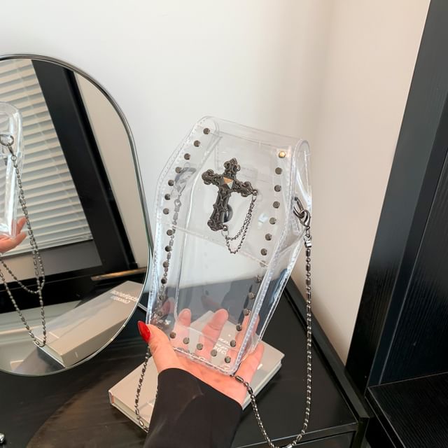 Crisscross Chained Studded PVC Crossbody Bag