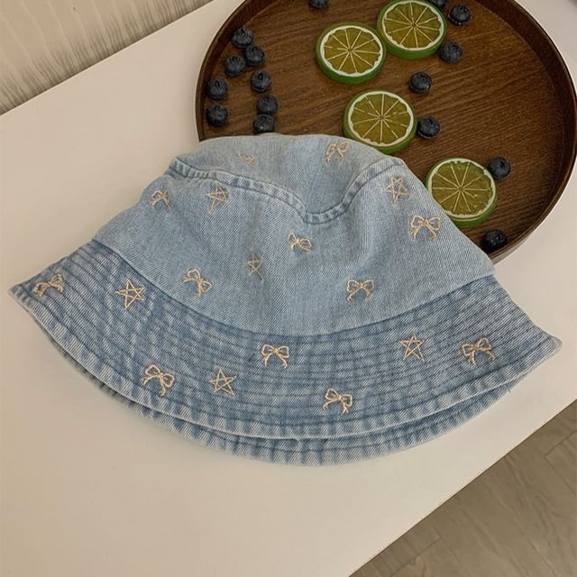 Embroidered Washed Denim Bucket Hat