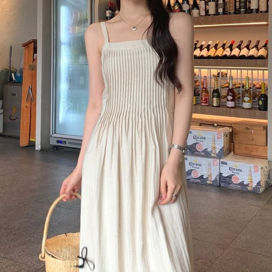 Spaghetti Strap Plain Midi A-Line Dress