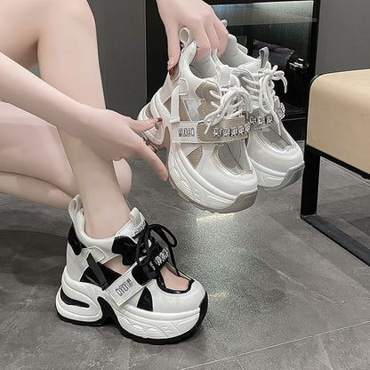 Platform Rhinestone Cutout Panel Hidden Wedge Sneakers