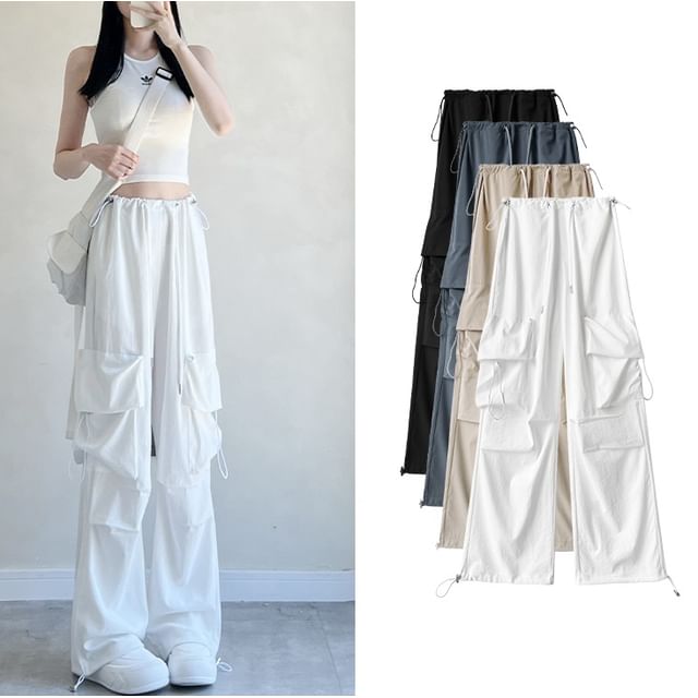 High Rise Drawstring Pocket Plain Wide Leg Parachute Cargo Pants