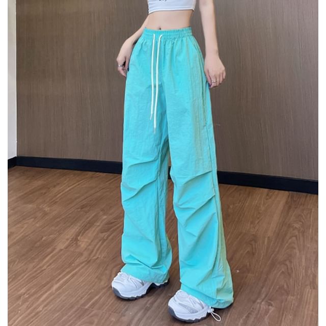 High Waist Drawstring Pocket Plain Wide Leg Gather Cuff Parachute Cargo Pants