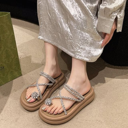 Rhinestone Toe Loop Platform Slide Sandals