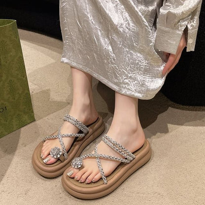 Rhinestone Toe Loop Platform Slide Sandals