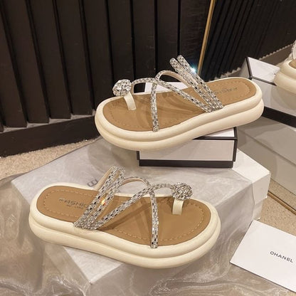 Rhinestone Toe Loop Platform Slide Sandals