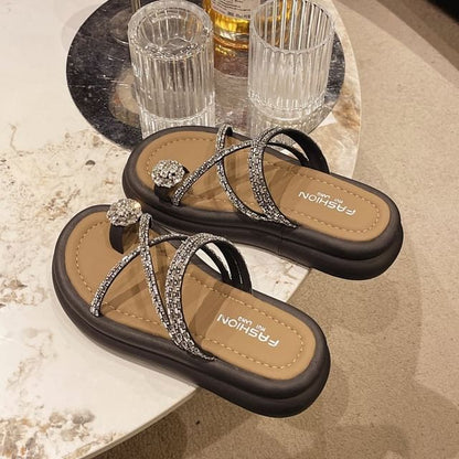 Rhinestone Toe Loop Platform Slide Sandals