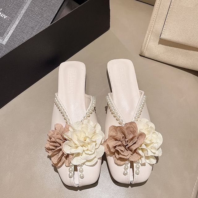 Flower Detail Faux Pearl Mules