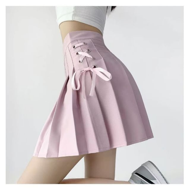 High Rise Lace-Up Plain Mini Pleated Skirt