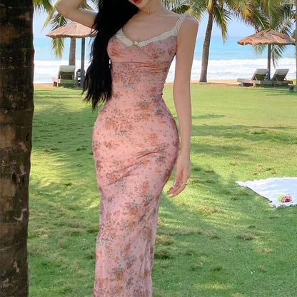 Spaghetti Strap Floral Maxi Sheath Dress