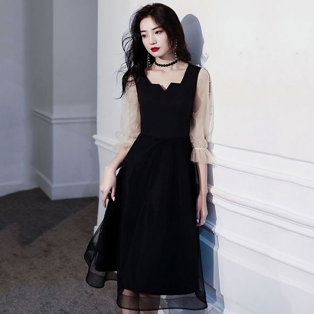 Faux Dress Evening Puff-Sleeve Gown A-Line Pearl / Cocktail Square-Neck Mesh Paneled