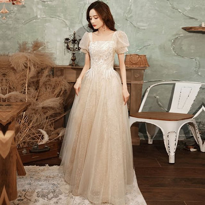 (Various Gown Evening Floral Designs) A-Line Puff-Sleeve Square-Neck Sequined