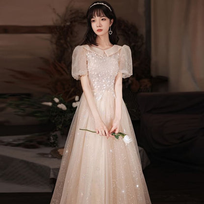 A-Line (Various Square-Neck Puff-Sleeve Evening Gown Designs) Floral Sequined