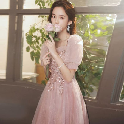 A-Line (Various Square-Neck Puff-Sleeve Floral Gown Designs) Evening Sequined
