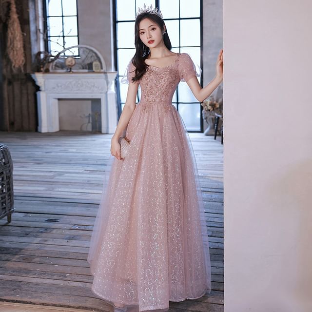 (Various Square-Neck Evening Designs) Puff-Sleeve Floral A-Line Sequined Gown