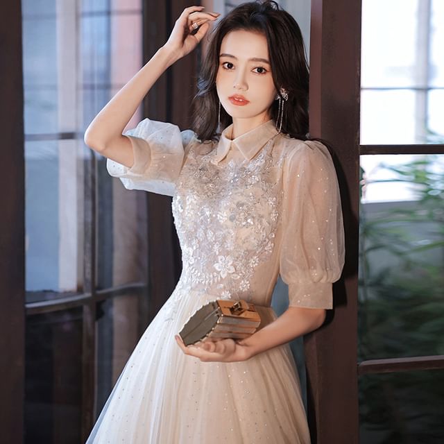 Square-Neck (Various Evening Designs) A-Line Sequined Puff-Sleeve Floral Gown