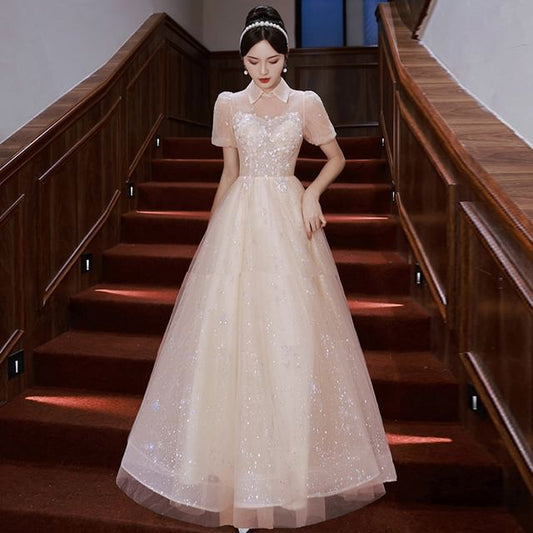 Gown (Various Evening Floral Puff-Sleeve Sequined Designs) Square-Neck A-Line