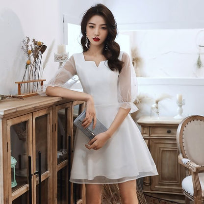 Puff-Sleeve Paneled / Dress Evening Cocktail Faux Gown Square-Neck A-Line Mesh Pearl