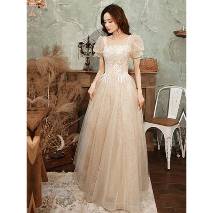 (Various Gown Evening Floral Designs) A-Line Puff-Sleeve Square-Neck Sequined