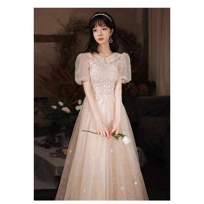 A-Line (Various Square-Neck Puff-Sleeve Evening Gown Designs) Floral Sequined