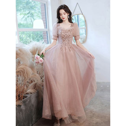 A-Line (Various Square-Neck Puff-Sleeve Floral Gown Designs) Evening Sequined