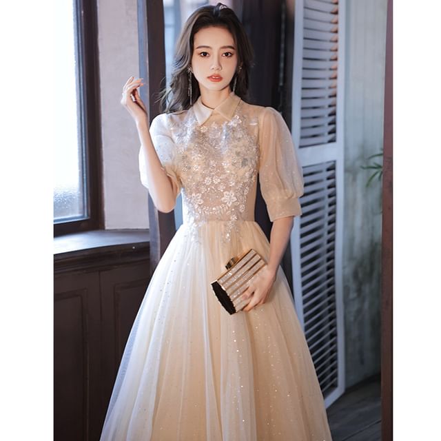 Square-Neck (Various Evening Designs) A-Line Sequined Puff-Sleeve Floral Gown