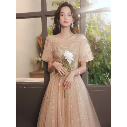 Designs) Evening Floral (Various Gown Puff-Sleeve Square-Neck A-Line Sequined